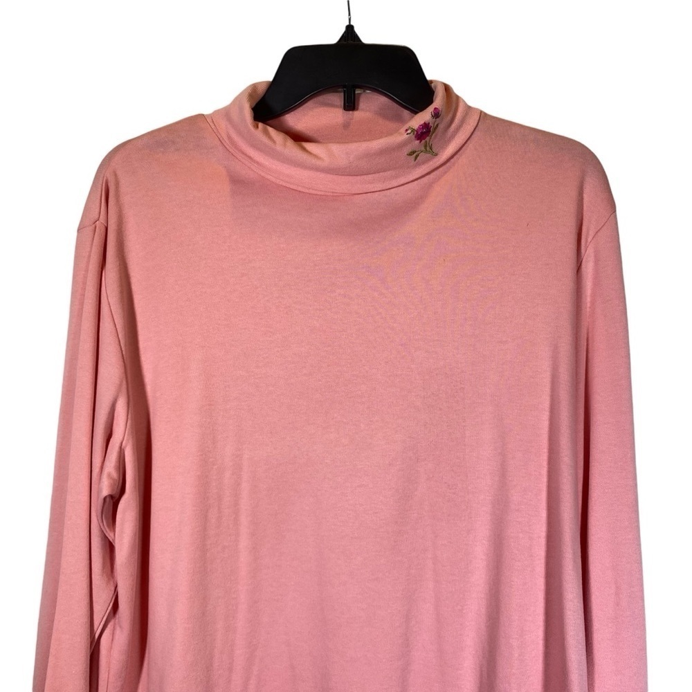 BASIC EDITIONS Women's size XL pink turtleneck stretch floral flower embroidery